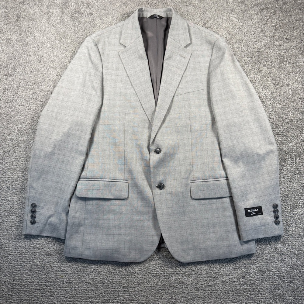 New Haggar H26 Premium Stretch Signature Blazer Slim Fit Gray Glenn Plaid 42R